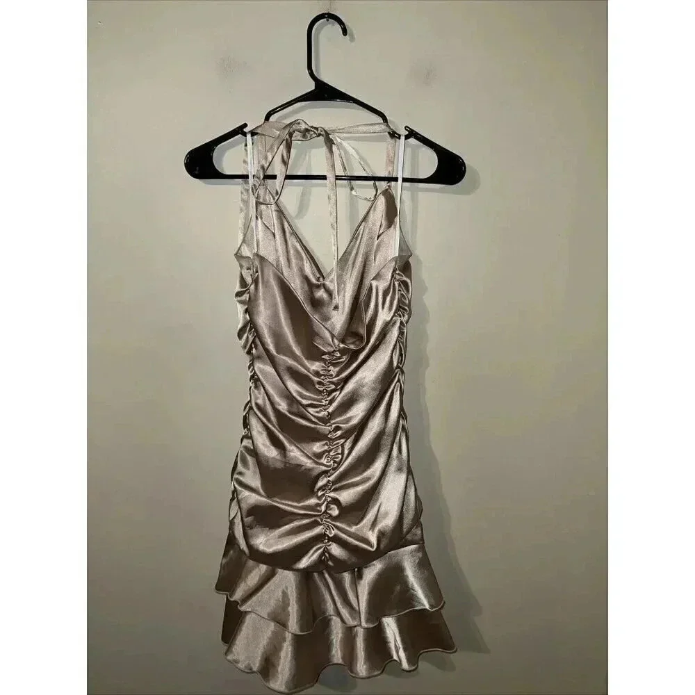 Vintage Y2K Jessica McClintock Ruffle Halter Dress Champagne Gold Women Size 10 - Picture 3 of 6